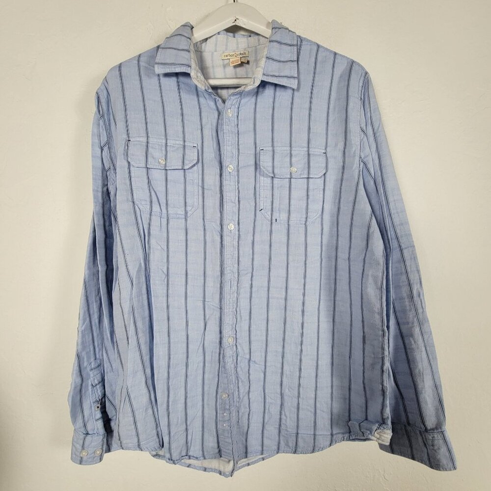 Carbon2Cobalt Mens Light Blue Striped Button-Up Long Sleeve Shirt Large Cotton